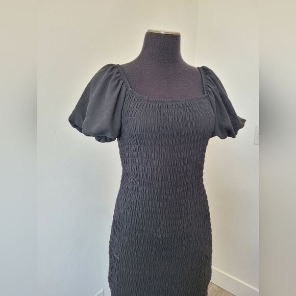 Trixxi Black Smocked Ruched Midi Dress Puff Sleeves Ruffle Vamp Witch Whimsigoth - Picture 2 of 12